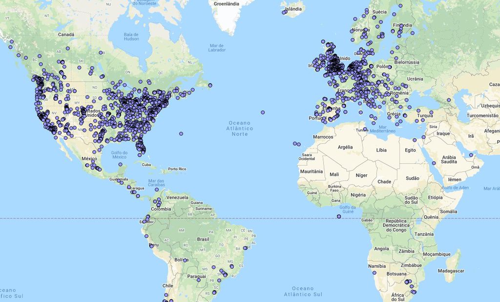 Mapa de locais onde o fenômeno "The Hum" foi registrado (Imagem: World Hum Map And Database Project)