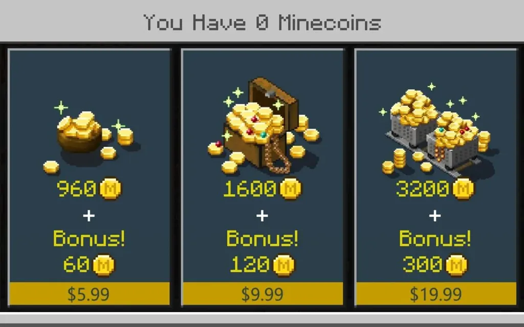 Minecoins possuem preços diferentes em cada plataforma. No PC, elas custam até US$ 50 (Imagem: Divulgação/Mojang Studios)