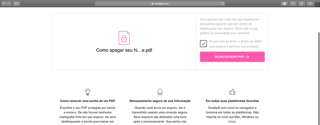 SmallPDF: Aceite os termos de uso para remover senha de PDF / Captura de tela: Bruno Salutes