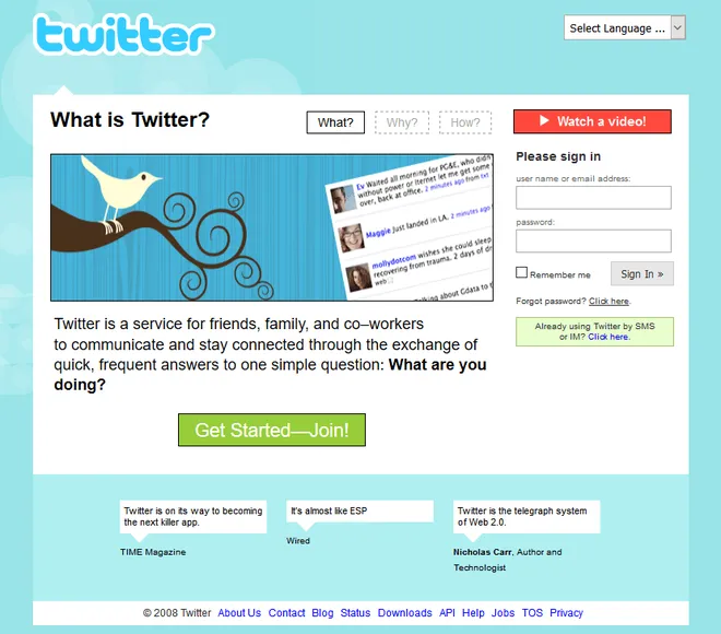 O Twitter adotou um visual simplificado em 2008 (Imagem: Reprodução/Web Design Museum)