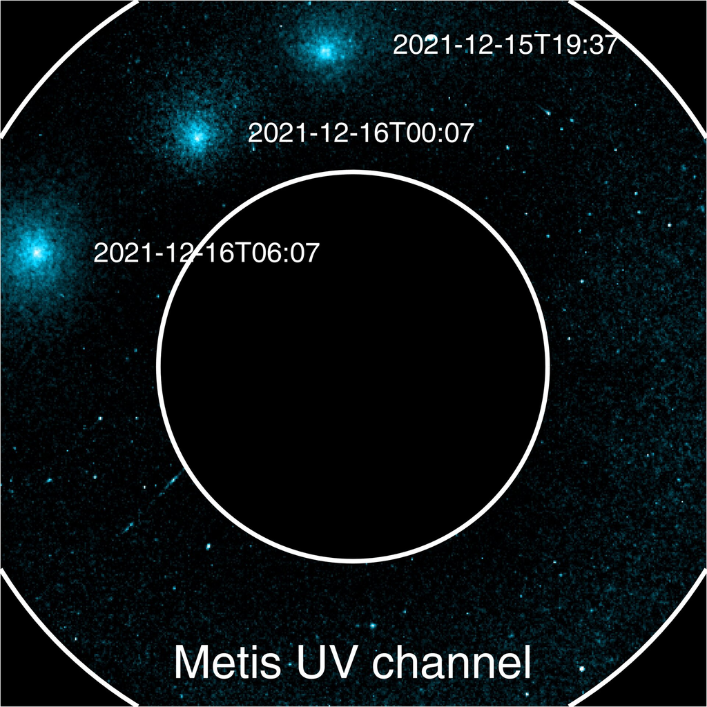 Imagem composta do cometa Leonard registrado na luz ultravioleta pelo instrumento Metis; as imagens foram feitas entre os dias 15 e 16 de dezembro (Imagem: Reprodução/ESA/Solar Orbiter/Metis Team)