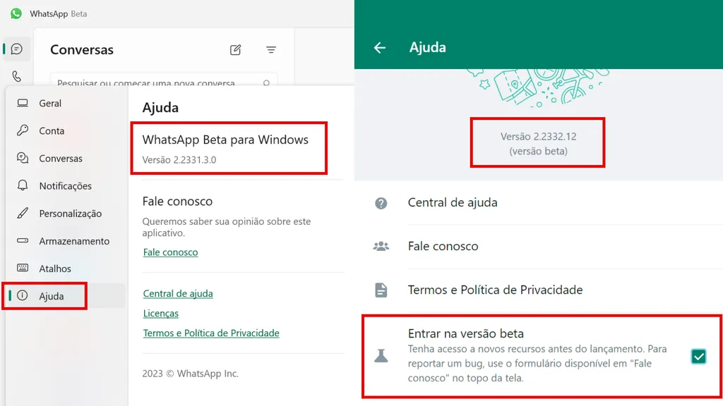 A seção “Ajuda” mostra identifica as versões Beta do WhatsApp para Windows e Web (Imagem: Captura de tela/Guilherme Haas/Canatech)