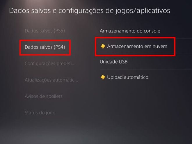 Acesse o item "Dados salvos (PS4)" e clique em "Armazenamento em nuvem" (Captura de tela: Matheus Bigogno)