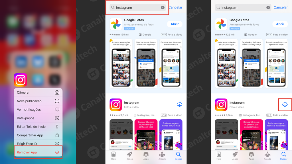 Captura de tela com o procedimento para reinstalar o Instagram no iPhone (Imagem: Captura de tela/Bruno De Blasi/Canaltech)