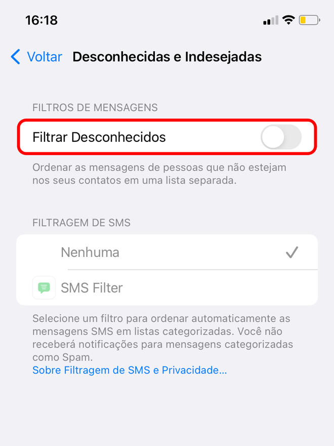 Desmarque a opção acima para desativar o Filtro de SMS - Captura de tela: Thiago Furquim (Canaltech)
