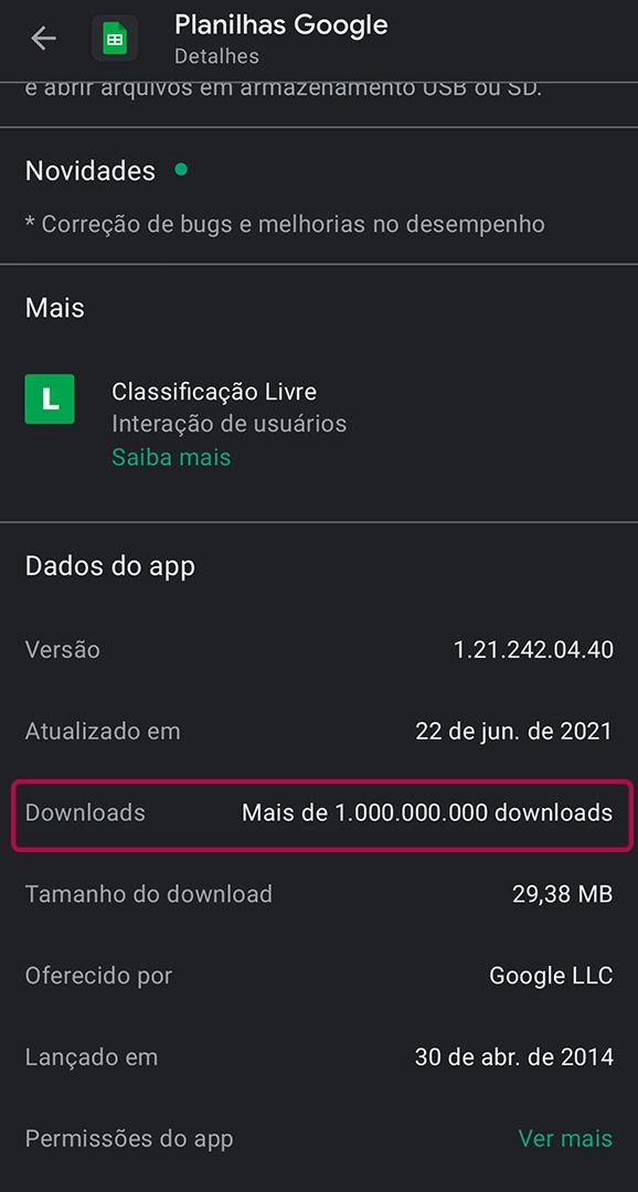 Planilhas Google já foi baixado mais de 1 bilhão de vezes (Imagem: Reprodução/Google Play Store)