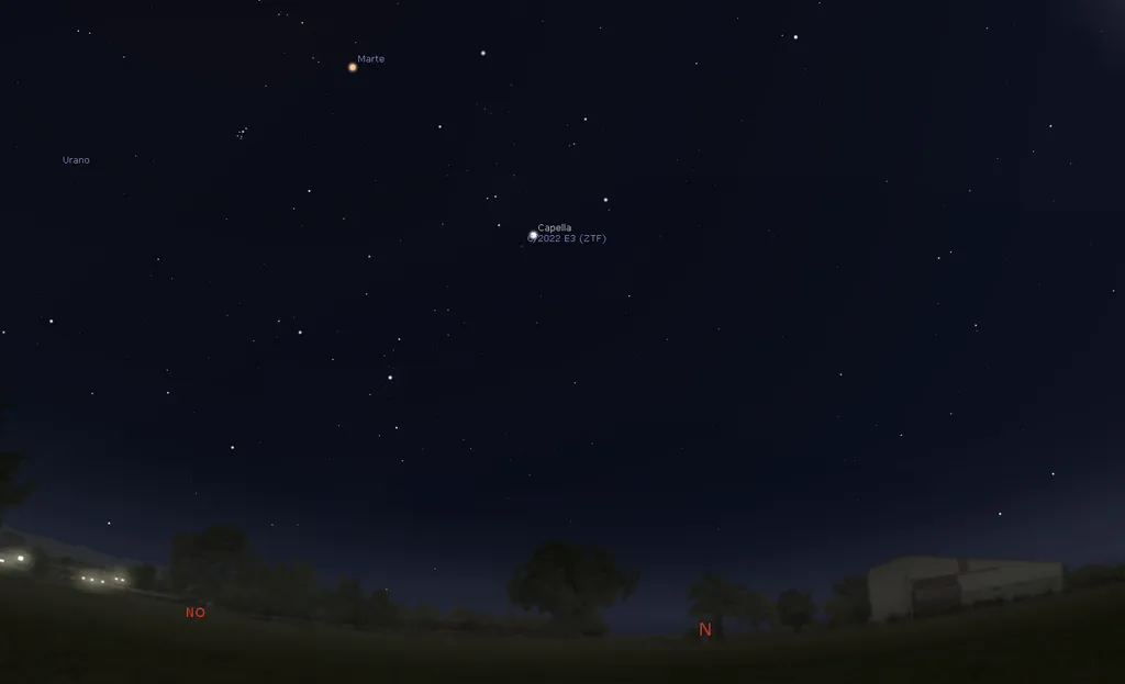 Localização do cometa C/2022 E3 (ZTE) no céu do Ceará, no dia 5 de fevereiro, às 21h (Imagem: Reprodução/stellarium.org)