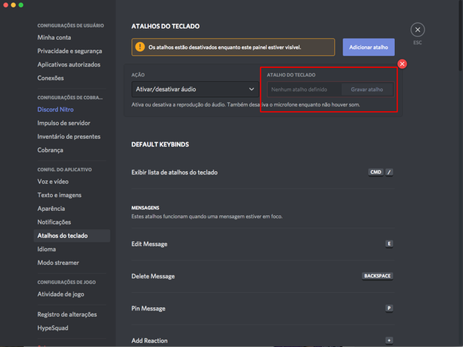 Como adiciono diferentes Atalhos? – Discord