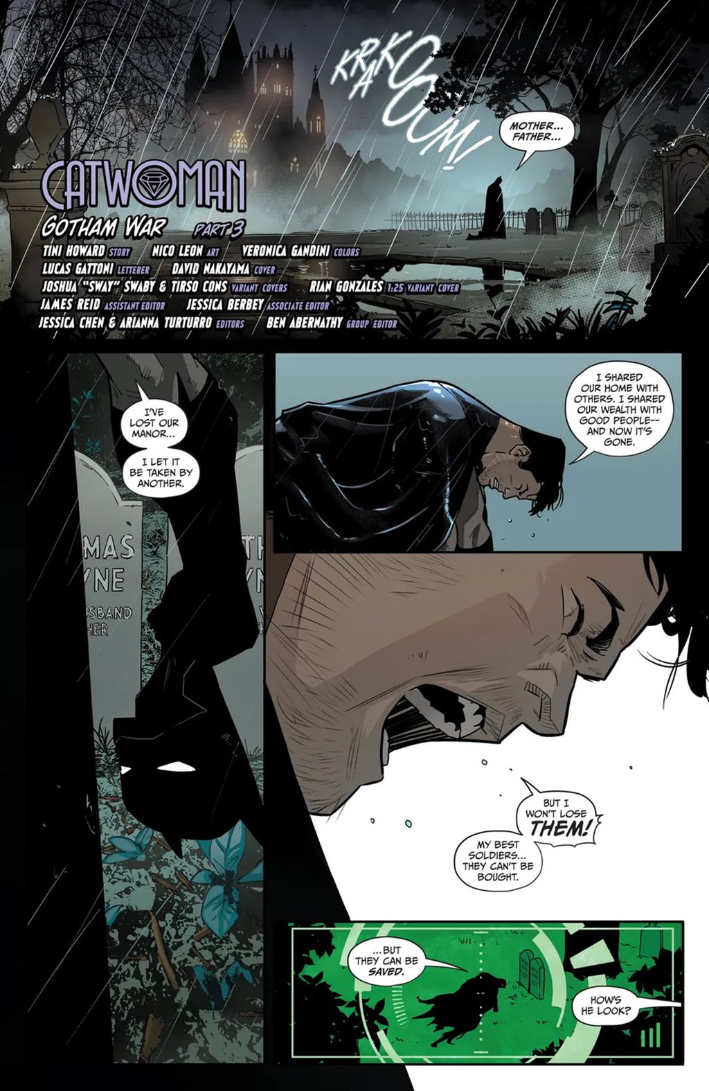 Batman chora no túmulo dos pais ao lamentar o fato de Vandal Savage ser o novo dono da Mansão Wayne (Imagem: Reprodução/DC Comics)