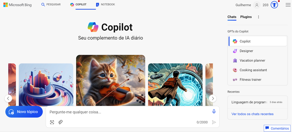 Bing conta com o Copilot, sua IA integrada (Imagem: Captura de tela/Guilherme Haas/Canaltech)