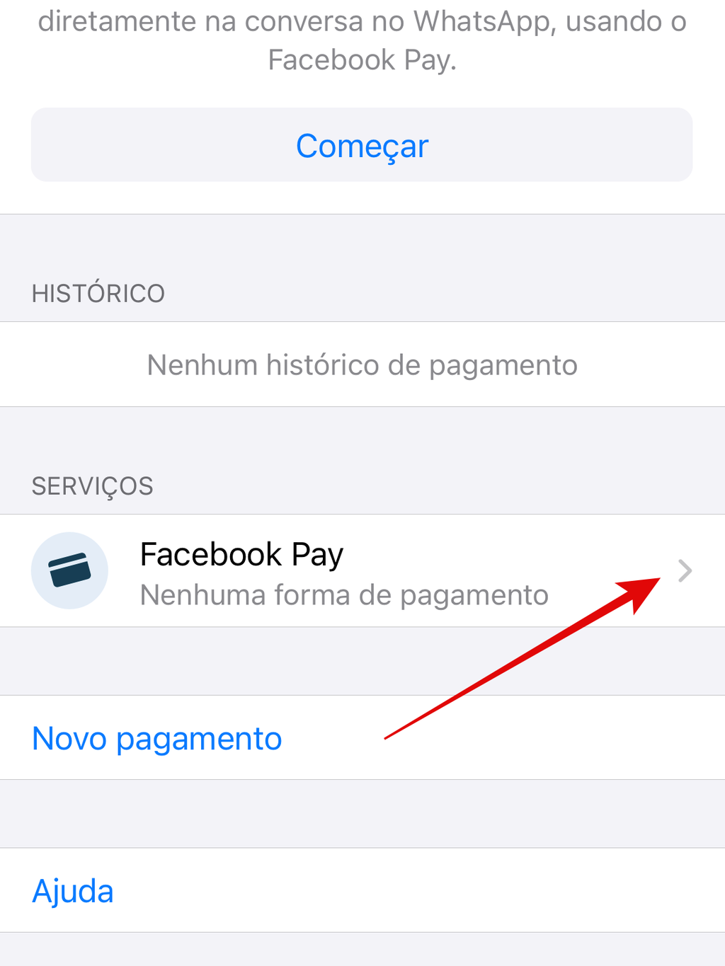 Vá em Facebook Pay para adicionar uma nova forma de pagamento (Imagem: Guadalupe Carniel/Captura de tela)