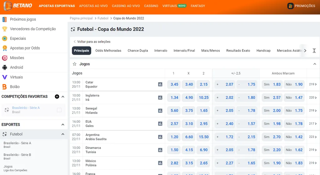 Betano é um dos sites de apostas com jogos da Copa do Mundo (Imagem: Reprodução/Betano)