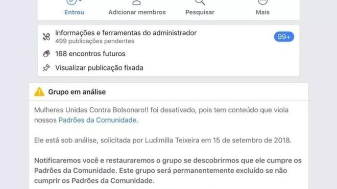 Grupo de Facebook "Mulheres Unidas Contra Bolsonaro", com aproximadamente 2,4 milhões de membros, havia sofrido ataque hacker neste final de semana, mas já foi recuperado e devolvido às administradoras originais (Imagem: Reprodução/Facebook)