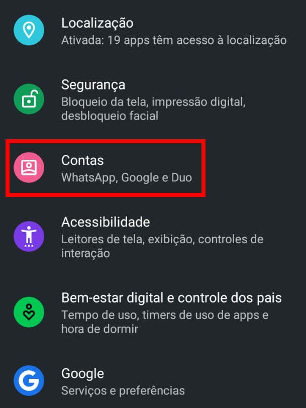 Acesse a aba de "Configurações" do Android e toque em "Contas" (Captura de tela: Matheus Bigogno)