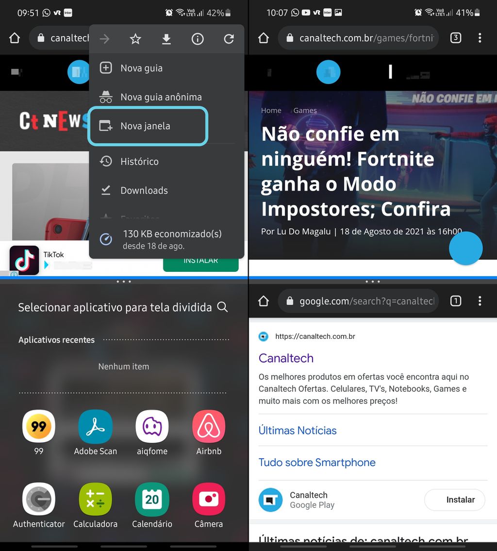 As múltiplas janelas do Chrome também estão disponíveis no Android 11, mas por meio de uma gambiarra (Captura: Igor Almenara/Canaltech)