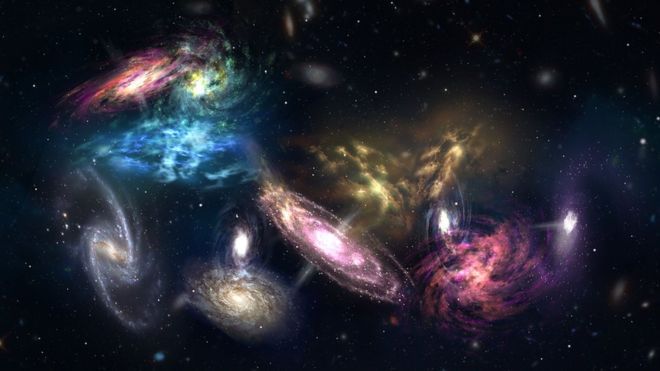 Concepção artística mostra as 14 galáxias em colisão (Imagem: NRAO/AUI/NSF/S. DAGNELLO)