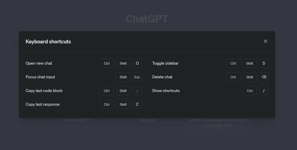 A lista de atalhos de teclado do ChatGPT (Imagem: Reprodução/ChatGPT)