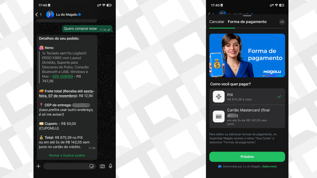 Pagamento é feito dentro do WhatsApp, sem precisar ir ao site ou app do Magalu (Imagem: Captura de tela/Bruno De Blasi/Canaltech)