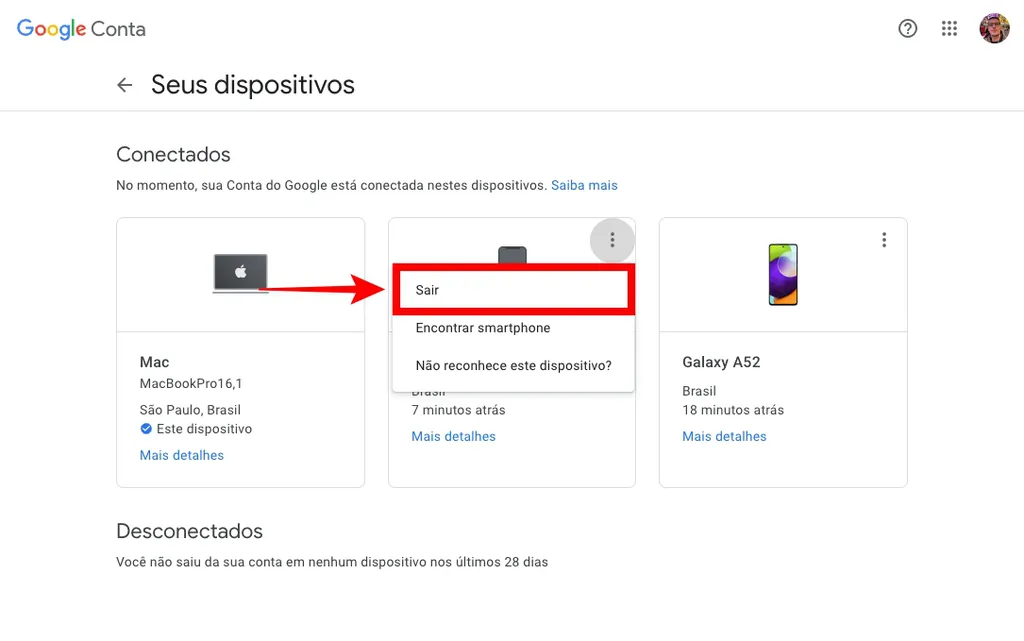 Além de mudar a conta do Google, você tem a opção de desconectar a conta de um dispositivo (Captura de tela: Caio Carvalho)