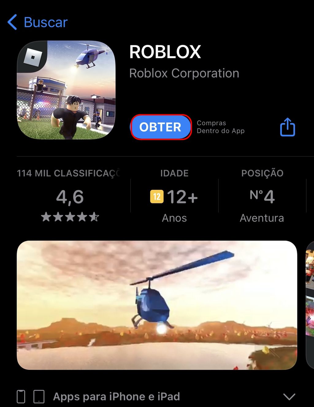 Você pode baixar Roblox em seu dispositivo iOS - (Captura: Canaltech/Felipe Freitas)