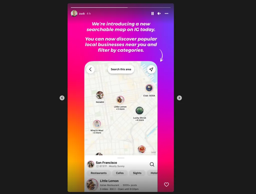 Esse é a nova tela de mapas do Instagram para incentivar a exposição de locais próximos aos usuários (Imagem: Reprodução/Instagram)