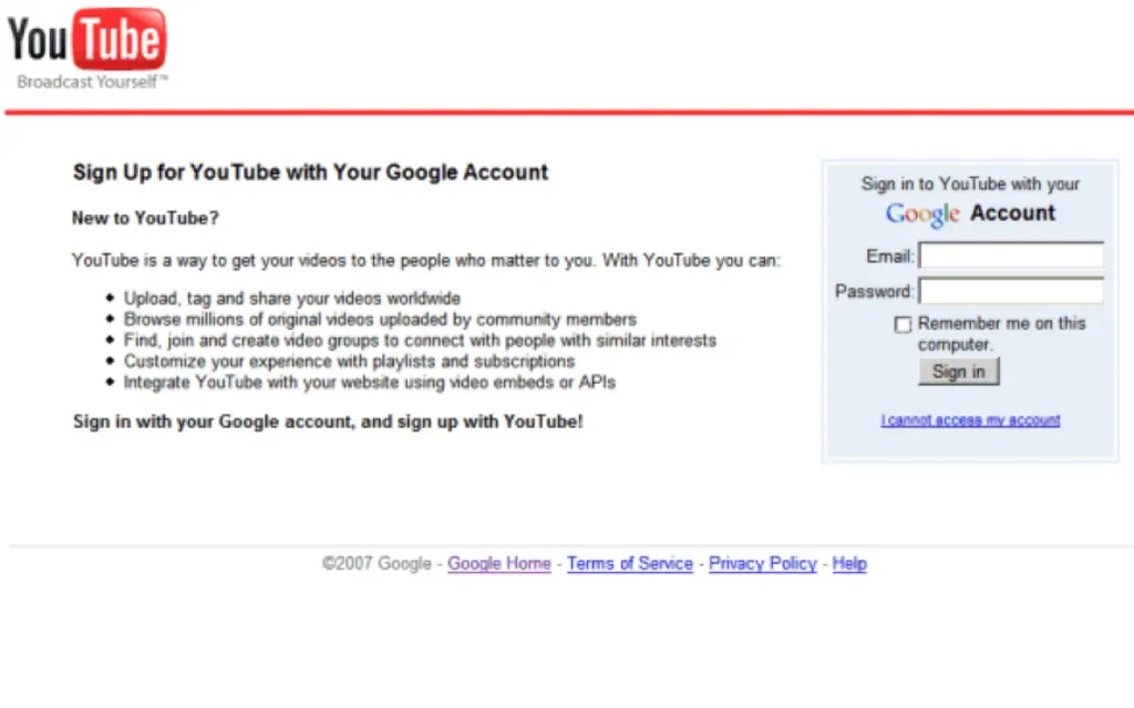 Página de login do Youtube em 2007, após a aquisição pelo Google (Imagem: Google System via Blogspot)