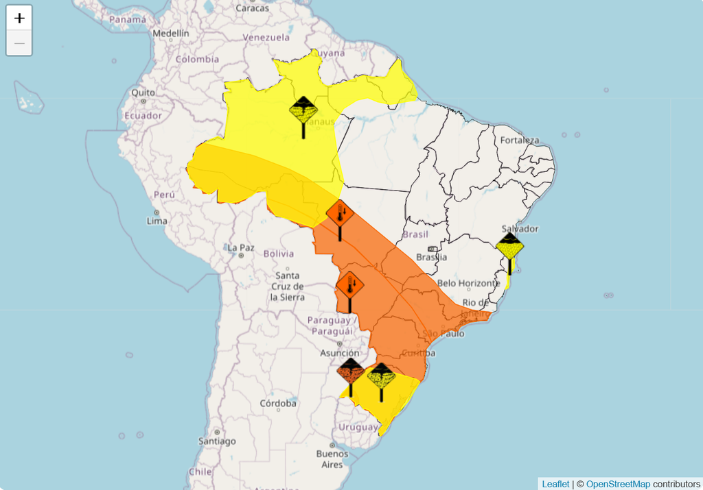 Segundo alerta do Inmet, há aviso de Perigo por queda brusca de temperatura na região em laranja, indo do Acre a Santa Catarina, e alertas de Perigo Potencial de tempestade e chuva na região marcada em amarelo (Imagem: Inmet)