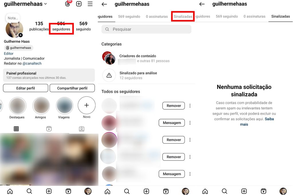 O Instagram também separa solicitações de potenciais bots e spam (Imagem: Captura de tela/Guilherme Haas/Canaltech)
