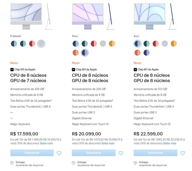 Opções e preços do novo iMac no Brasil (Imagem: Reprodução/Apple)