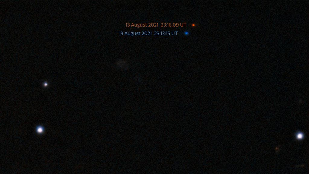 O asteroide foi fotografado dentro da órbita de Mercúrio em dois momentos diferentes. As duas fotos foram sobrepostas para mostrar o deslocamento do objeto em um intervalo de apenas três minutos (Imagem: Reprodução/CTIO/NOIRLab/NSF/DOE/DECam/AURA/S.S. Sheppard)