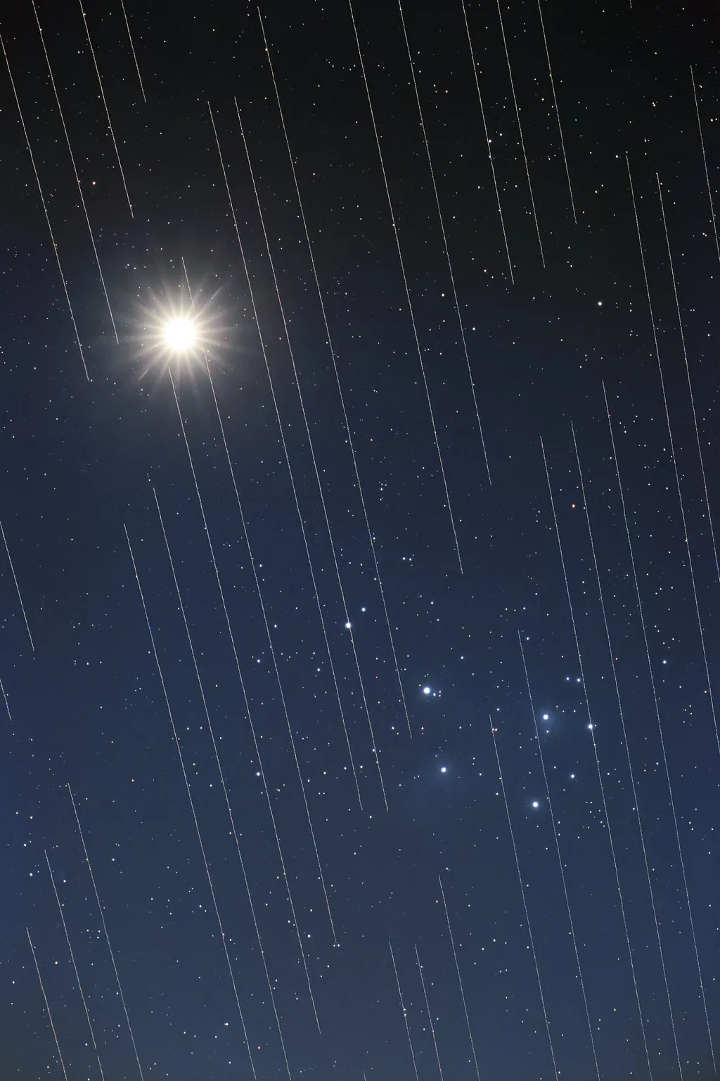 Imagem de Vênus e do aglomerado estelar Plêiades, junto de vários rastros brilhantes deixados pelos satélites (Imagem: Reprodução/T. Hansen/IAU OAE)
