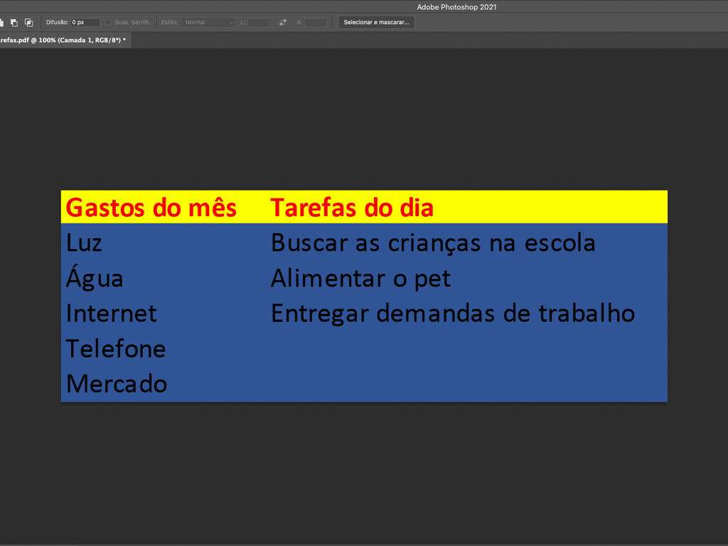 O arquivo PDF com a tabela do Excel será exibido como uma imagem no Photoshop (Imagem: Caio Carvalho/Captura de tela)