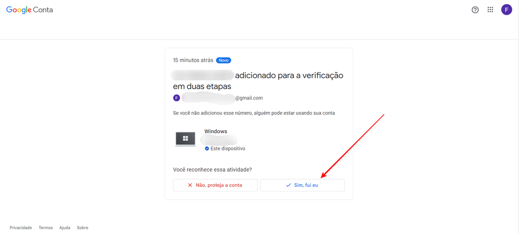 É preciso autorizar a verificação em duas etapas através do e-mail enviado na sua caixa de entrada do Gmail (imagem: Captura de tela/Fabrício Calixto/Canaltech)