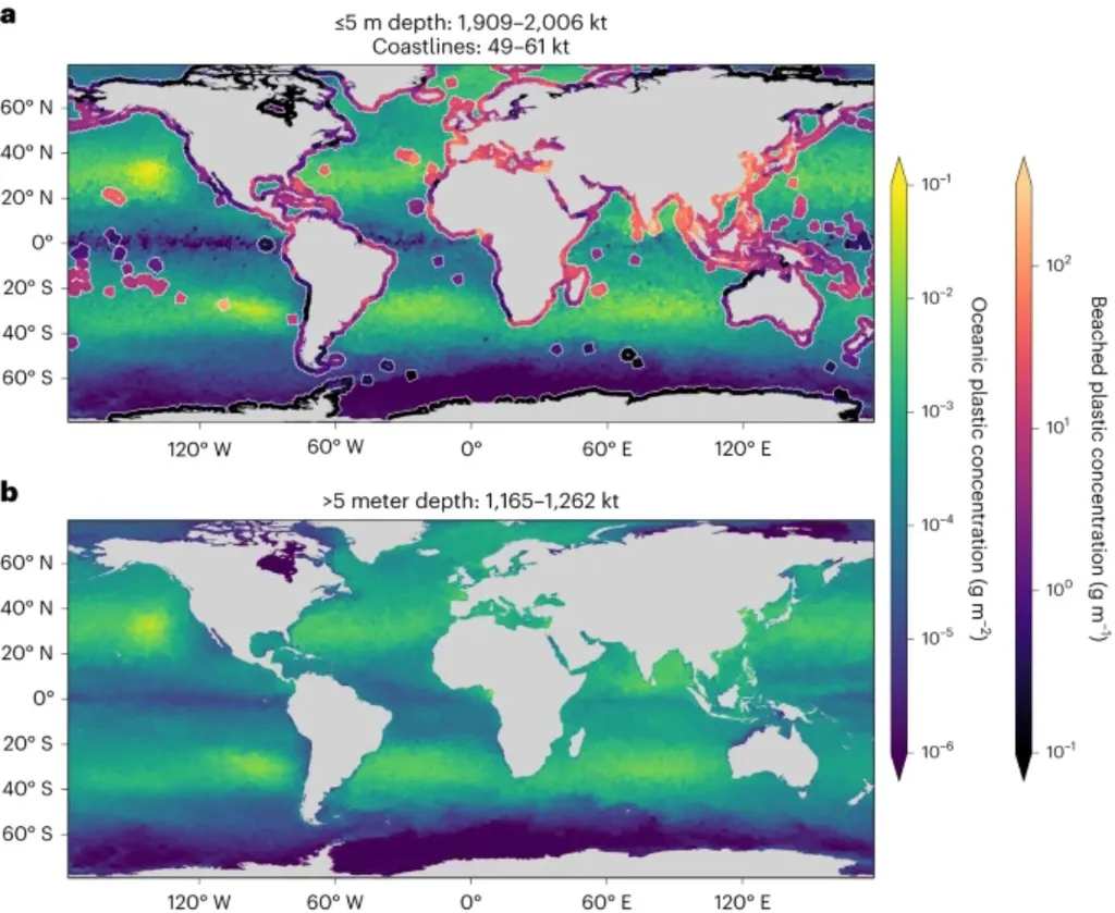 Estudo calcula a quanitdade de plástico existente nos oceanos (Imagem: Kaandorp et al, 2023/Nature Geoscience )