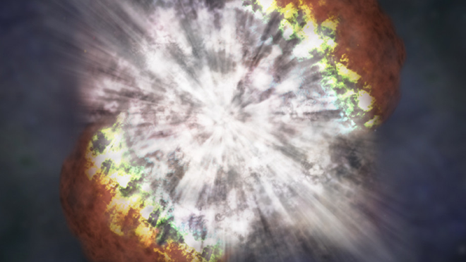 Estrelas massivas, com pelo menos cinco massas solares, dão seus últimos suspiros explodindo em supernovas (Imagem: Reprodução/NASA/CSC/M.Weiss)