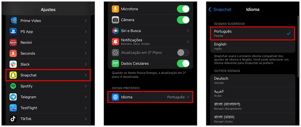 Para mudar o idioma do Snapchat no iPhone, entre nos ajustes do sistema do celular (Captura de tela: Caio Carvalho)