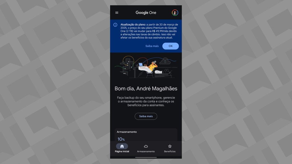 Captura de tela do aplicativo Google One com detalhes sobre a mudança nos preços do serviço