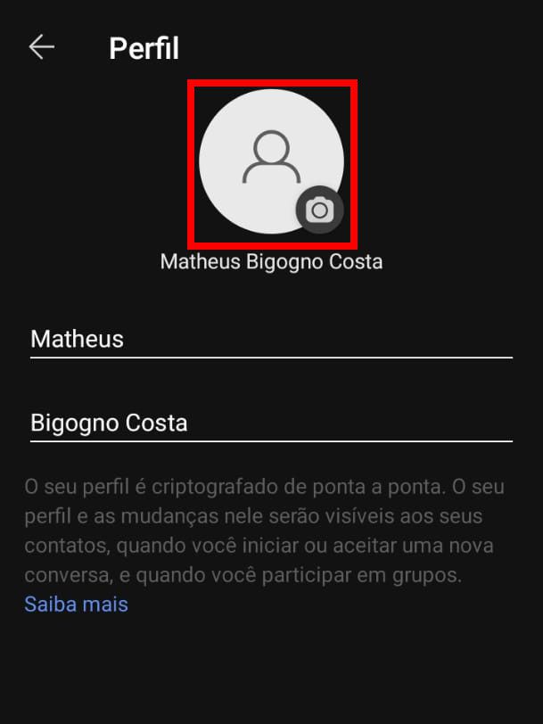 Clique no ícone de "Câmera" para adicionar uma foto ao seu perfil (Captura de tela: Matheus Bigogno)