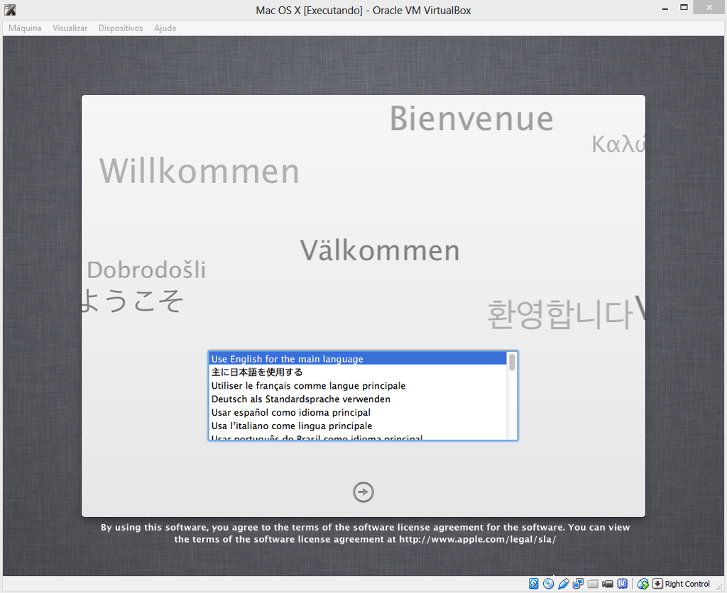 Selecione o idioma de instalação do seu Mac OS X Mountain Lion