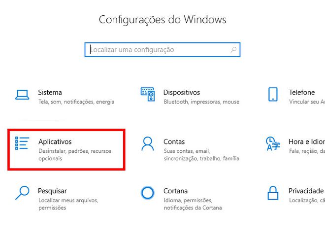 Com o menu de Configurações do Windows 10 aberto, clique em "Aplicativos" (Captura de tela: Matheus Bigogno)