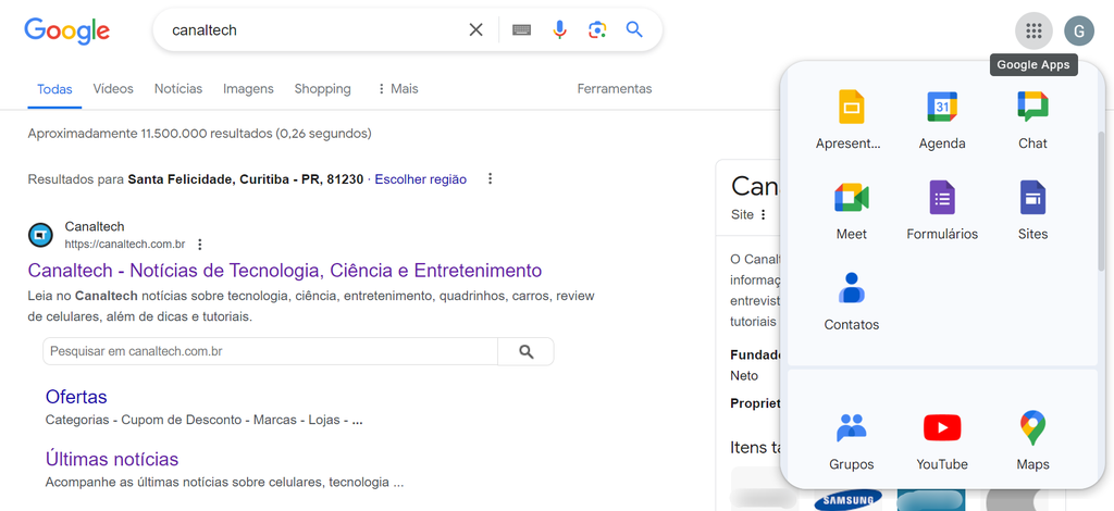 SERP do Google é integrada com serviços do ecossistema da companhia (Imagem: Captura de tela/Guilherme Haas/Canaltech)