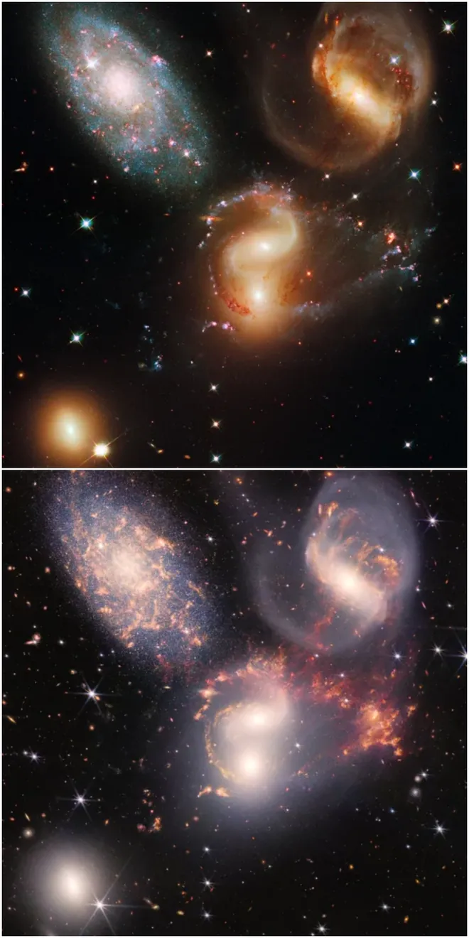Cada objeto do Quinteto de Stephan ganhou uma riqueza absurda de detalhes (Imagem: Reprodução/NASA/ESA/CSA/STScI/Hubble SM4 ERO)
