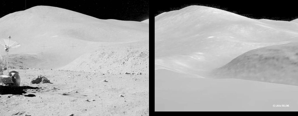 À esquerda, foto de um terreno lunar tirada pela Apollo 15. À direita, a mesma região fotografada pela sonda japonesa SELENE (Fotos: NASA, JAXA)