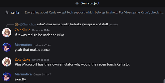 Xenia nega rumor que alega que equipe está trabalhando com a Microsoft. Captura de tela do Discord