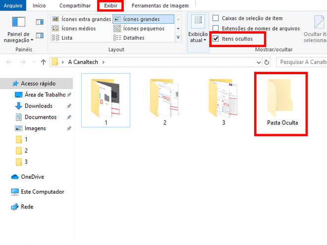 No Windows Explorer, clique em "Exibir" no menu superior e depois marque a opção "Itens ocultos" (Captura de tela: Matheus Bigogno)