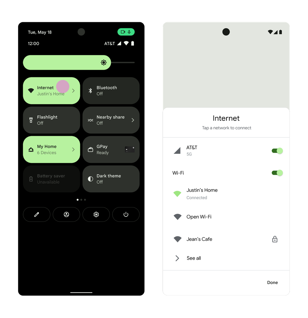 O painel de conexões no Android 12 é uma camada extra até ajustes rápidos, mas ajuda o usuário a ficar mais atento ao que está fazendo (Imagem: Reprodução/Google)