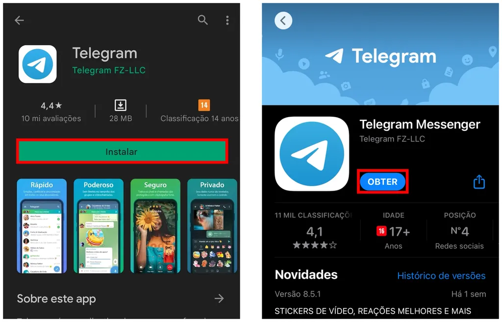 Como baixar o Telegram: aplicativo tem versões para Android (esquerda) e iPhone (direita) (Captura de imagem: Caio Carvalho)