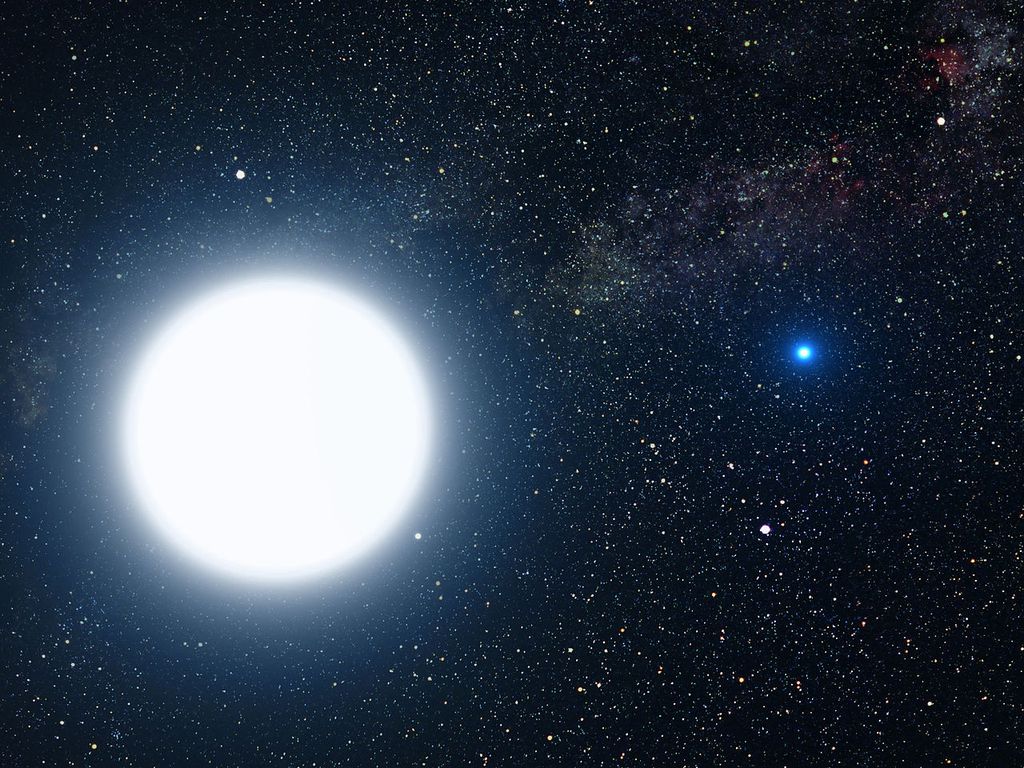 Uma impressão artística de Sirius A (maior) e de Sirius B (menor). Sirius B foi a primeira anã branca descoberta (Imagem: NASA)