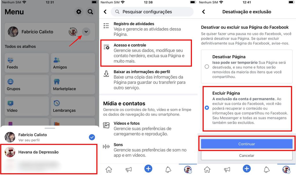 É possível excluir uma página do Facebook no aplicativo para celular (Imagem: Captura de tela/Fabrício Calixto/Canaltech)