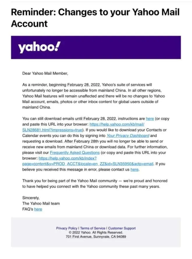 O Yahoo Mail anunciou que não estará mais disponível a partir do dia 28 de fevereiro (Imagem: Reprodução/Yahoo)